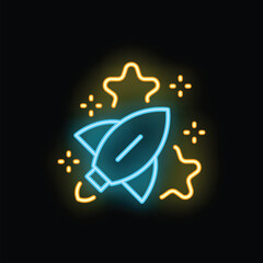 Blue and yellow neon rocket taking off surrounded by stars, celebrating success and achievement