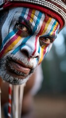 A captivating portrait of a Kathakali artist adorned in elaborate costume and vibrant makeup
