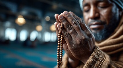 Close-up shot of hands holding prayer beads quietly on mosque floor during a devotional moment