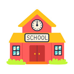 A red school building with a clock on the front.