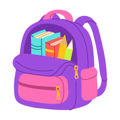 A purple backpack with books and pencils inside. The books are of different sizes and colors