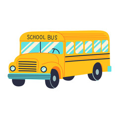 A yellow school bus with the words school bus on the front. The bus is parked on a white background