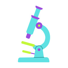 A blue and green microscope with a yellow handle. The microscope is on a white background. Concept of curiosity and scientific exploration