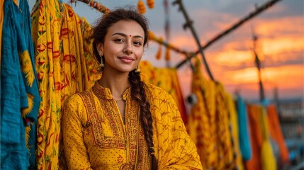 A Marathi woman in traditional saree joyfully celebrating Gudi Padwa at sunrise