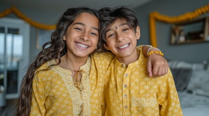 Indian siblings celebrating Raksha Bandhan joyfully while hugging and laughing together