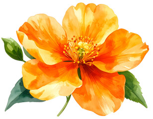 Watercolor Style Orange Blossom with Green Leaves, Artistic PNG Isolated on Transparent Background