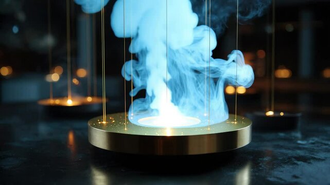 A figure made of blue smoke hovering over a circular golden platform with backlighting, surrounded by thin golden threads, against a dark background with burning candles