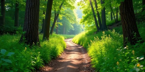 Obraz premium Serene Woodland Hiking Trail Sunlight Dapples Peaceful Path, Perfect for Adventure and Exploration