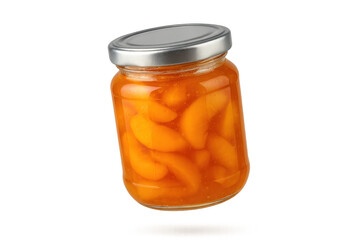 Delicious canned peach halves in a glass jar, isolated on transparent background