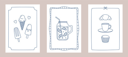 Set of posters with outline ice cream, cup, croissant, cupcake and lemonade. Templates for invitation, menu design, wall art print decor. Vector illustration