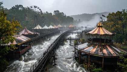 Obraz premium Abandoned Carnival Under Stormy Skies with Flooded Gutters