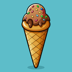 Delicious chocolate ice cream cone topped with colorful sprinkles and chocolate syrup