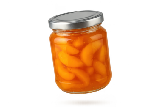 Delicious canned peach halves in a glass jar, isolated on transparent background