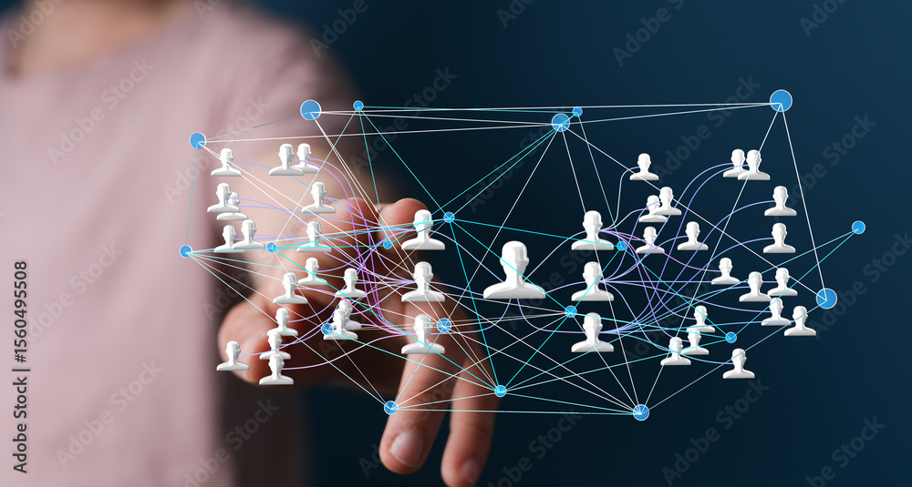 Poster Image of a complex network showing interconnected people, symbolizing global communication and collaboration.