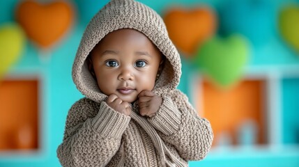 A happy baby standing cautiously in front of a colorful nursery school wall