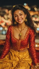 A young Indian woman wearing a red saree lighting traditional oil lamps on Diwali night