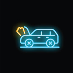 Neon style icon of broken car with smoke coming from open hood