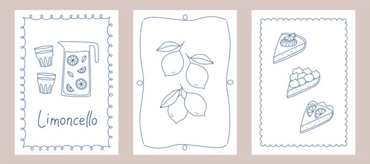 PrintSet of posters with outline lemons, cakes and lemonade. Templates for invitation, menu design, wall art print decor. Vector illustration