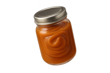 Delicious jar of sweet apple butter or fruit puree isolated on transparent background.