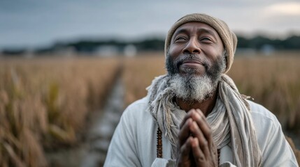 Elderly Tamil man performing prayers to the Sun in rice field at dawn