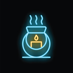 Neon sign representing an aroma lamp diffusing essential oils with a candle burning and producing steam for aromatherapy