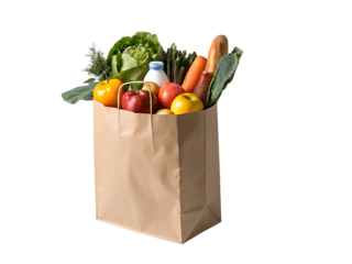  paper grocery bag full of fresh produce against  isolated on white background PNG ,AI GENERATED