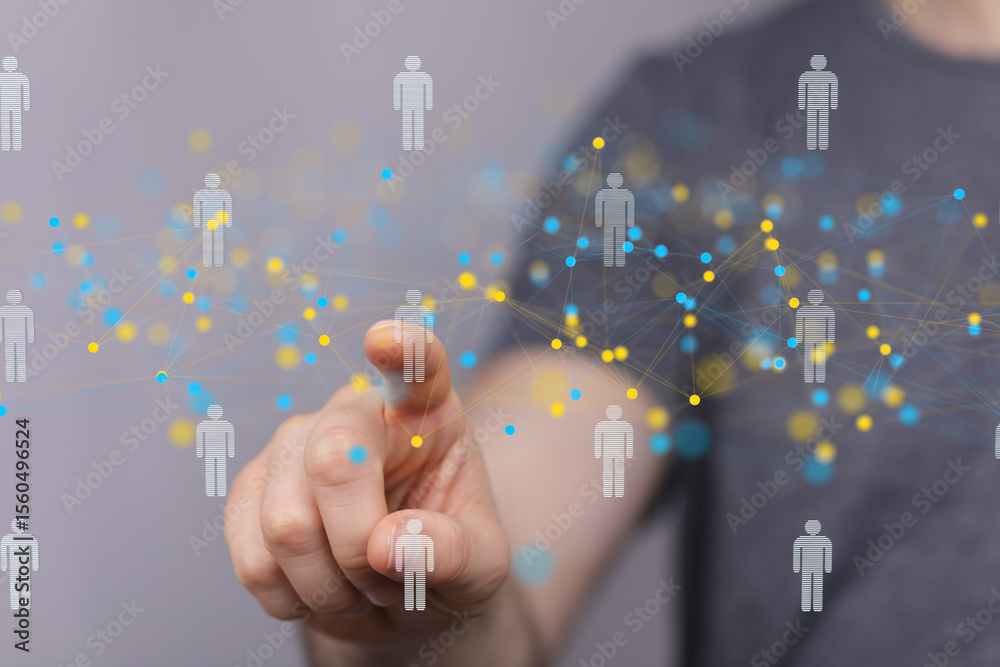 Poster Visual representation of a global network, showing interconnected individuals and communication.