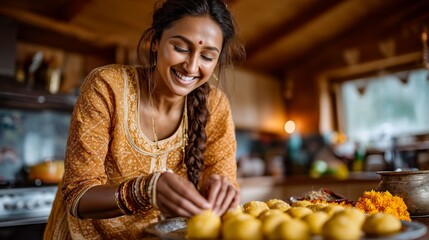 A mother joyfully prepares a festive thali with sweets and rakhi for Raksha Bandhan