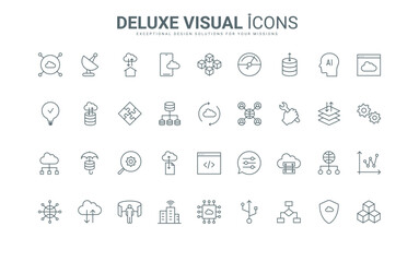 Digital support services and hardware to sync and download files, transfer and exchange, update information thin black and red outline symbols, vector illustration. Cloud computing line icons set.