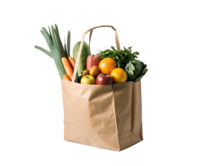  paper grocery bag full of fresh produce against  isolated on white background PNG ,AI GENERATED