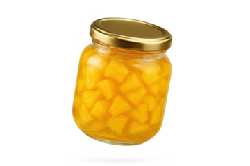Pineapple chunks in a glass jar, perfectly isolated on a transparent background