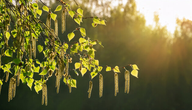 birch catkins releasing pollen on sunny day