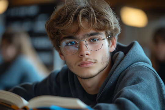 Young man studying and reading book with focused expression indoors  