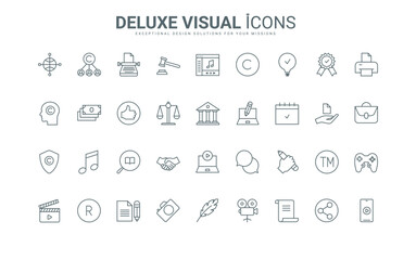 Content creation, authors ideas, pencil and pen to write article thin black and red symbols vector illustration. Development and protection of brand, patent and intellectual property line icons set.