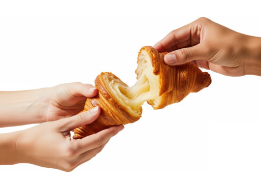 Hands sharing cheese croissant isolated on transparent background