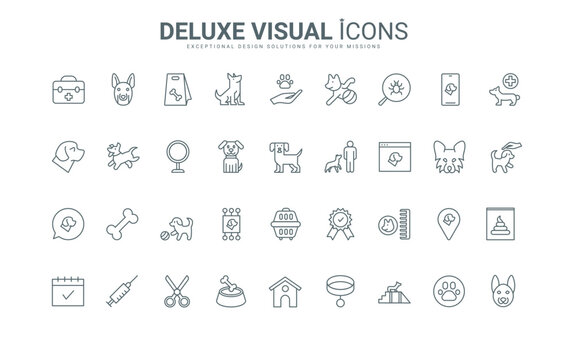 Outline symbols of pet training and food, medical veterinarian checkup for health of domestic animal and vaccine, puppy doghouse. Dog care thin black and red line icons set vector illustration.