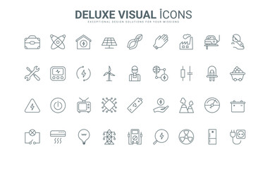 Outline home appliances and tools of electrician symbols, green renewable and alternative sources. Generation and consumption of electric energy thin black and red line icons set vector illustration.