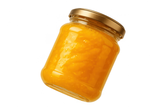 Vibrant orange marmalade in a glass jar, isolated on transparent background