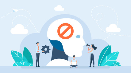 No AI. Machine learning prohibited symbol. Artificial intelligence prohibited sign. Prohibited AI concept featuring humanoid robot head on screen with red forbidden sign overlay. Flat illustration