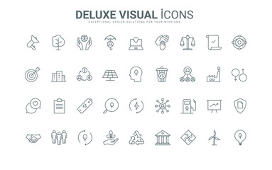 Outline ecofriendly technology and responsible society, environmental law and ethic management, sustainable energy. ESG for company development thin black and red line icons set vector illustration