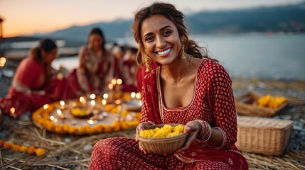 Indian married women in red sarees performing Karva Chauth puja at sunset