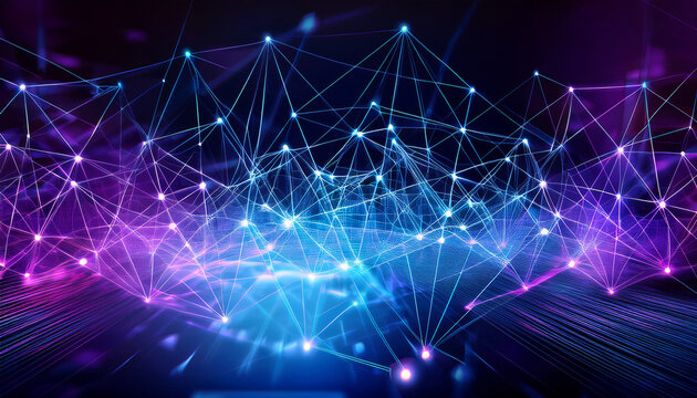 digital abstract network background with glowing blue and purple plexus lines connecting nodes and a futuristic tech design for innovation themes