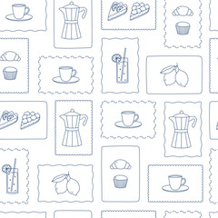 Seamless pattern with outline Italian metallic coffee maker, cup and desserts. Background for poster, banner, fabric, menu and print design. Vector illustration