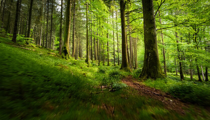 Fototapeta premium lush green spring forest with tall trees and vibrant foliage creating a serene natural environment a smooth and fast low camera move forward close to the ground