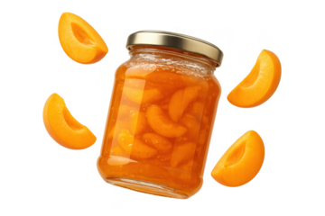 Apricot jam jar with fresh fruit slices, isolated on transparent background