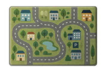 Children's rug with a city street map design, perfect for imaginative play in a playroom.