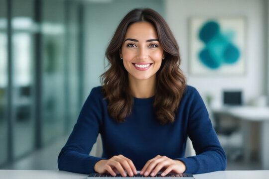 A smiling woman with long brown hair sits at a desk, typing on a laptop and looking directly at the camera.