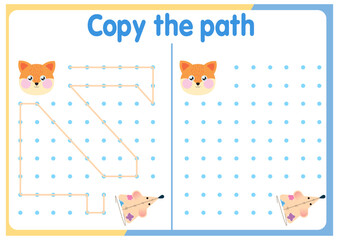 Activities for children. Copy the path. Logical games for children. Vector illustration. Square format of the book funny animals	