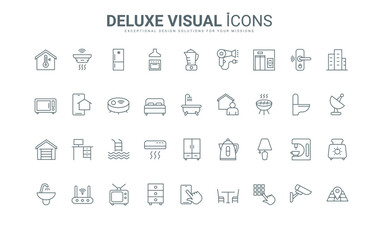 House and garage lock and CCTV system, bathroom and kitchen thin black and red outline symbols, vector illustration. Household objects and domestic equipment, electric appliances line icons set