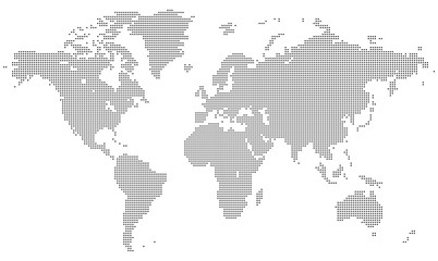 Squire shape dotted global map proposing related statistics factors, geographical clarity, and flat vector design. Squire shape dotted international map layout featuring specific pixel shapes.